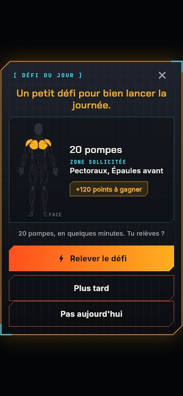 Défi du jour : 20 pompes, zone sollicitée pectoraux et épaules avant, 120 points à gagner