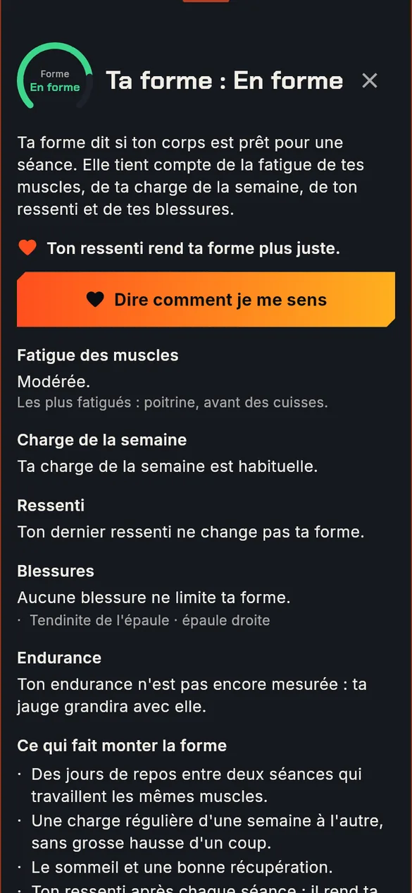 Écran Ta forme : en forme, fatigue des muscles, charge de la semaine, ressenti