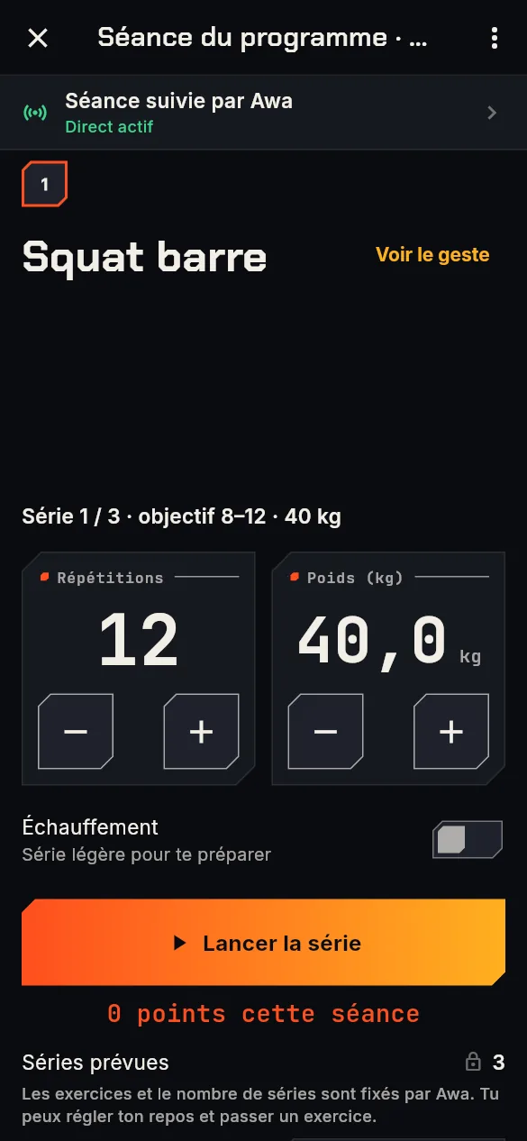 Séance en cours : compteur de répétitions et de charge, bouton Lancer la série